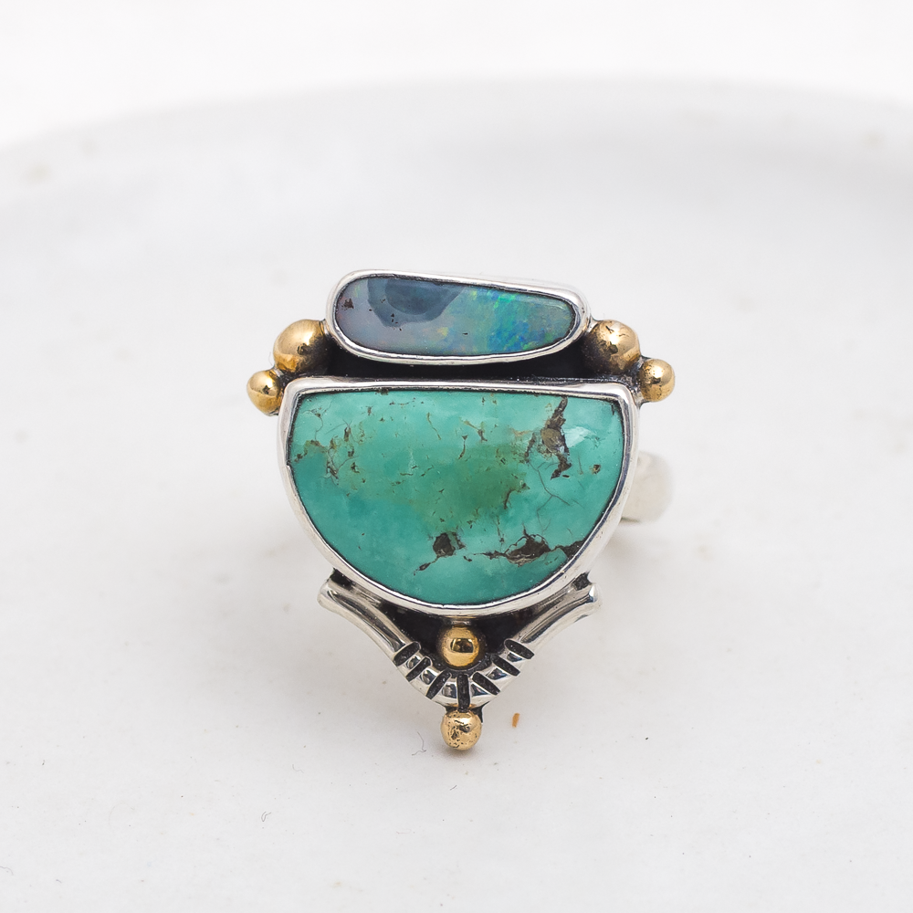 Valley Ring (A) ◇ Australian Opal + Kingman Turquoise ◇ Size 6.5
