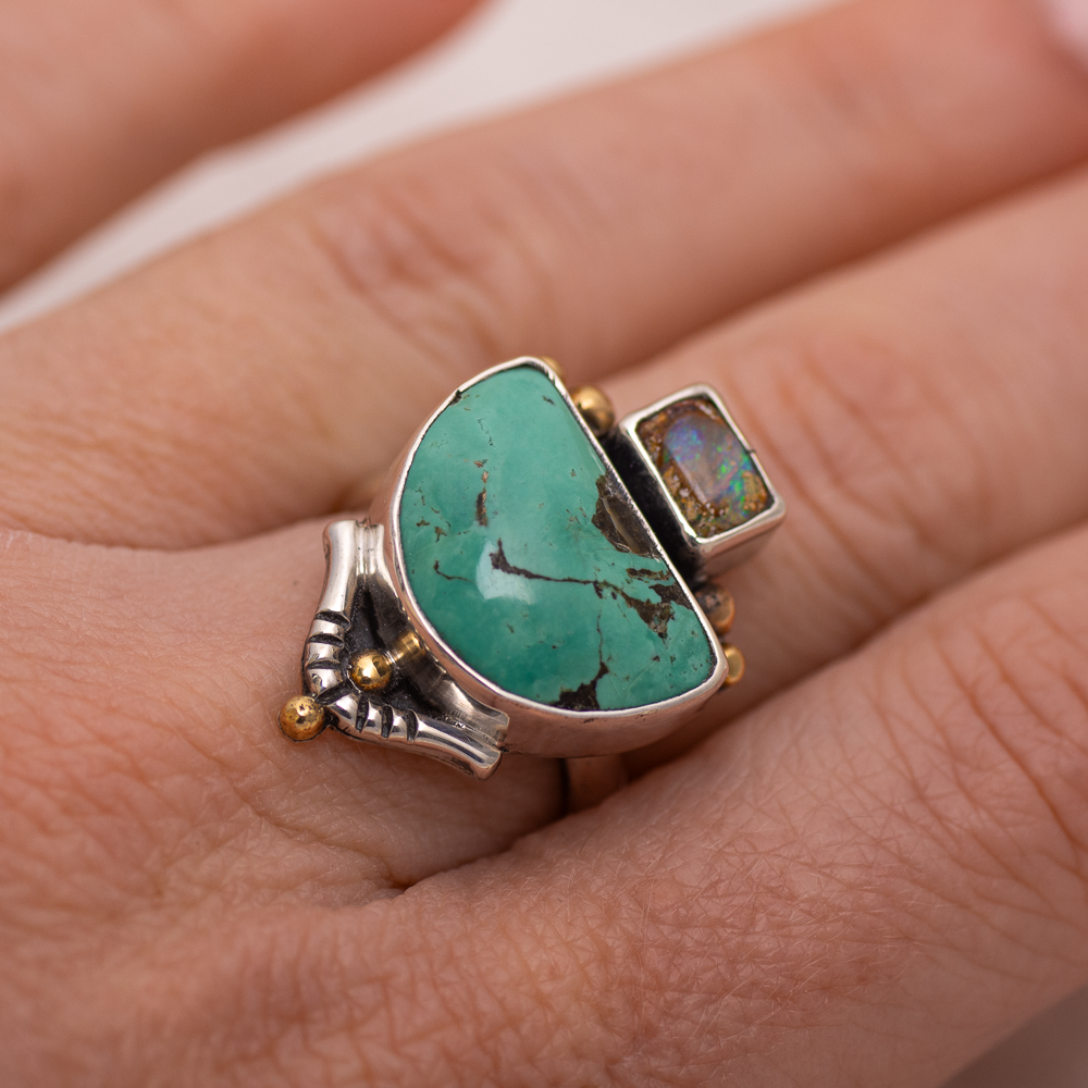 Valley Ring (C) ◇ Australian Opal + Kingman Turquoise ◇ Size 8