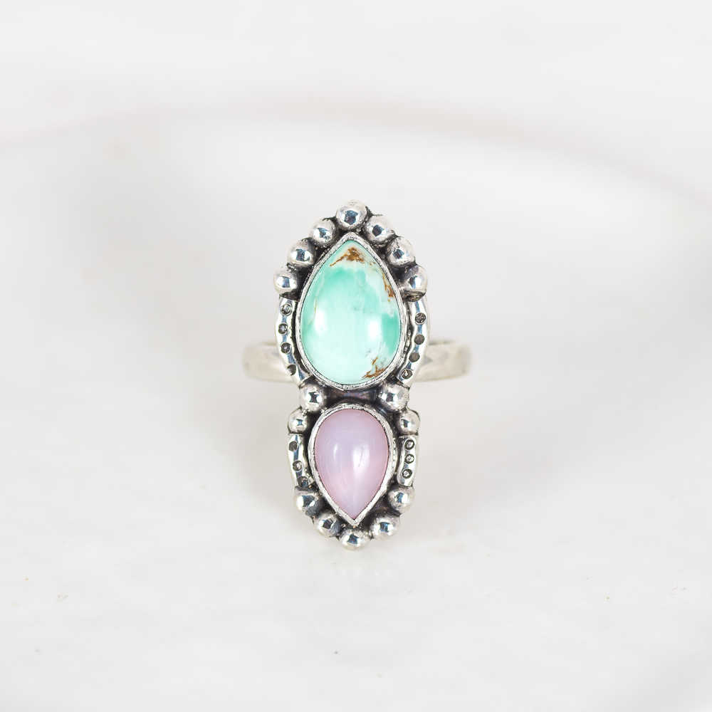 Petite Inner Vision Ring (B) ◇ Green Variscite + Pink Opal ◇ Size 8