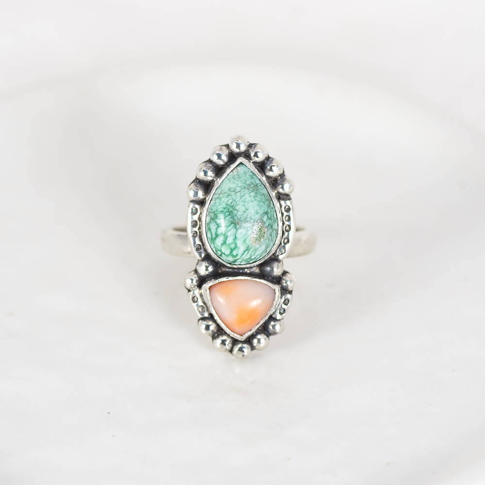 Petite Inner Vision Ring (C) ◇ Green Variscite + Pink Opal ◇ Size 8