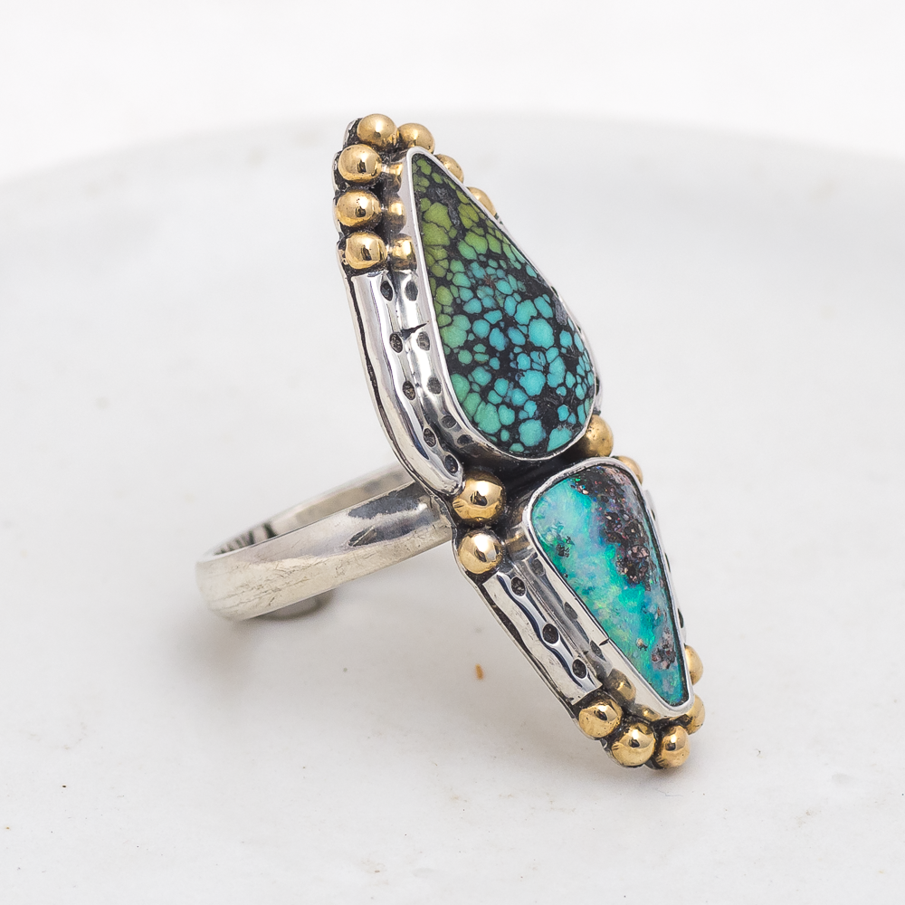 Inner Vision Ring (A) ◇ Hubei Turquoise + Australian Opal ◇ Size 7