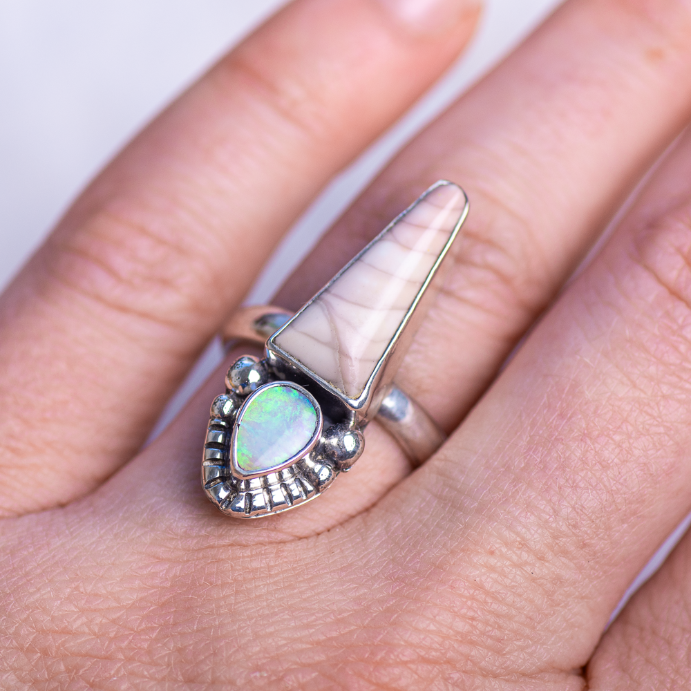 Peak Ring (C) ◇ Willow Creek Jasper + Australian Opal ◇ Size 8
