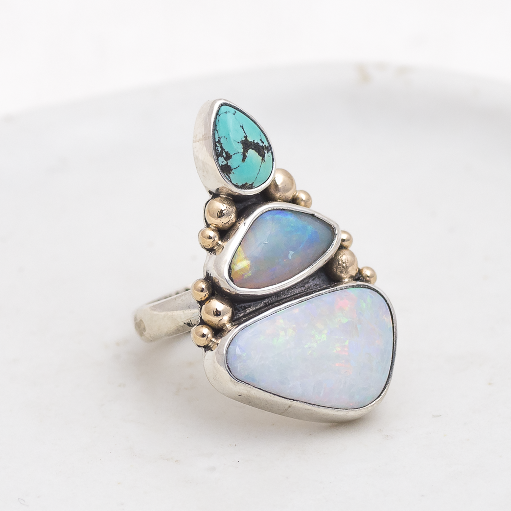 Triad Ring ◇ Kingman Turquoise + Australian Opal ◇ Size 7.5 ◇ Silver + 14k Gold
