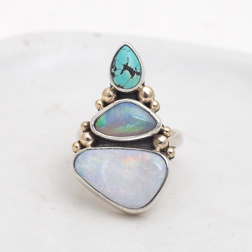 Triad Ring ◇ Kingman Turquoise + Australian Opal ◇ Size 7.5 ◇ Silver + 14k Gold