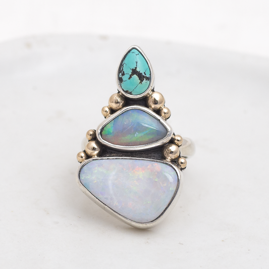 Triad Ring ◇ Kingman Turquoise + Australian Opal ◇ Size 7.5 ◇ Silver + 14k Gold