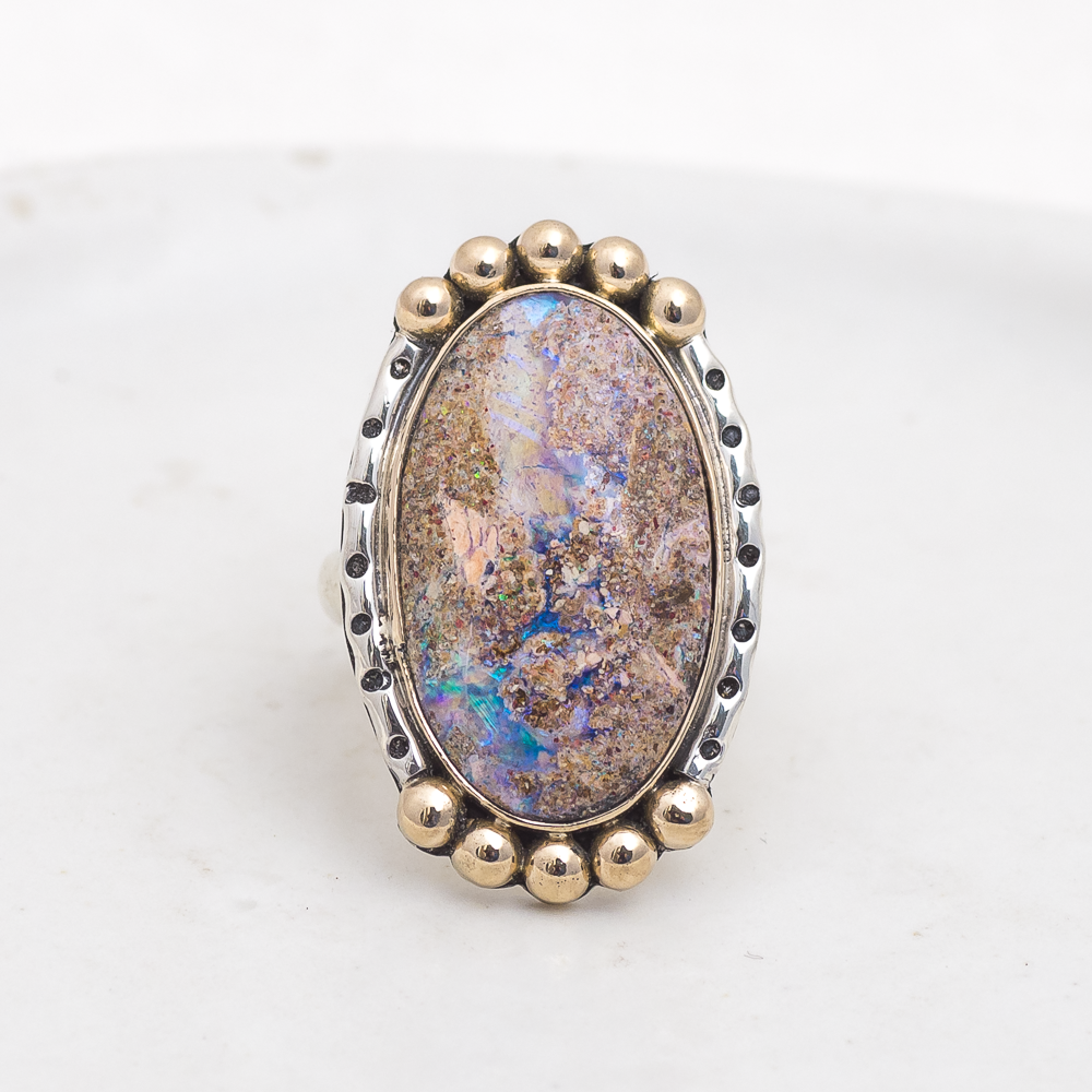 Wanderer Ring (A) ◇ Australian Opal ◇ Size 7 ◇ Silver + 14k Gold