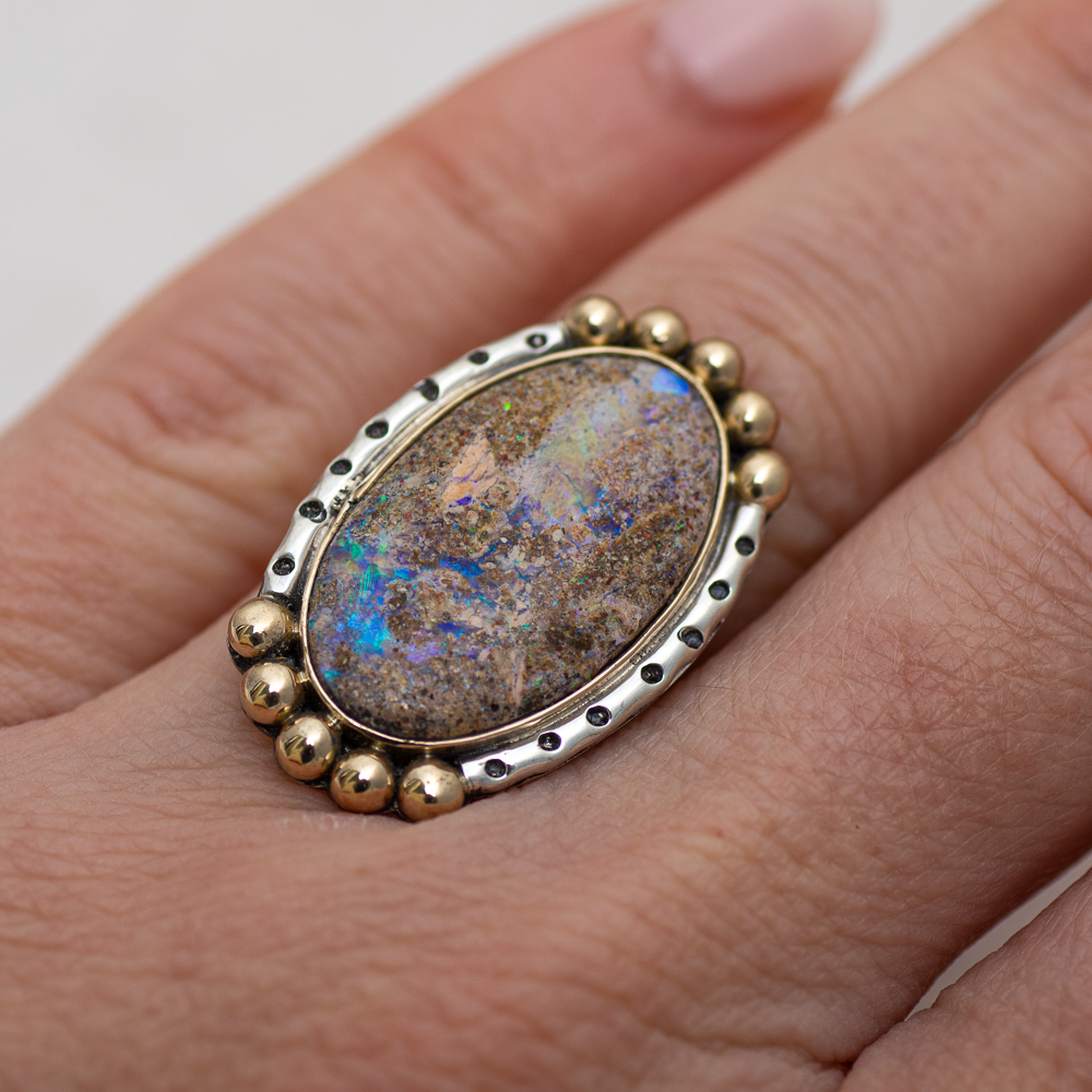 Wanderer Ring (A) ◇ Australian Opal ◇ Size 7 ◇ Silver + 14k Gold