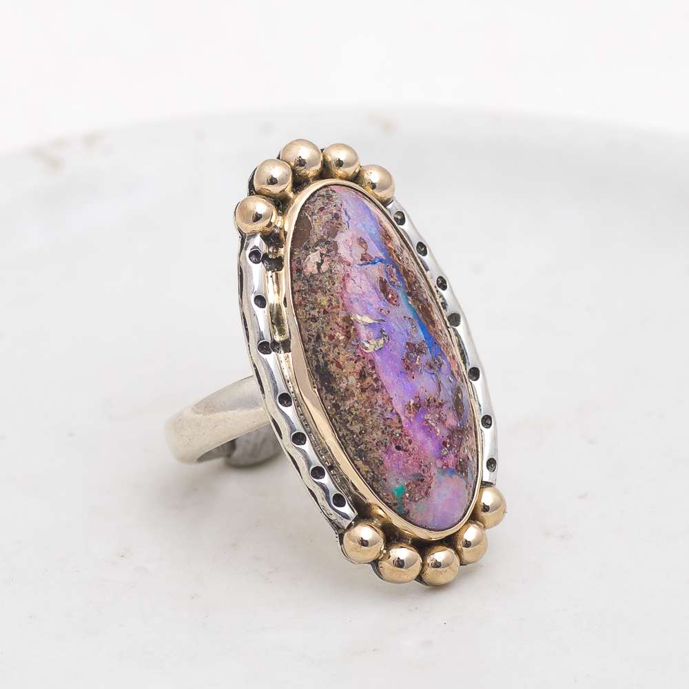 Wanderer Ring (B) ◇ Australian Opal ◇ Size 7.5 ◇ Silver + 14k Gold