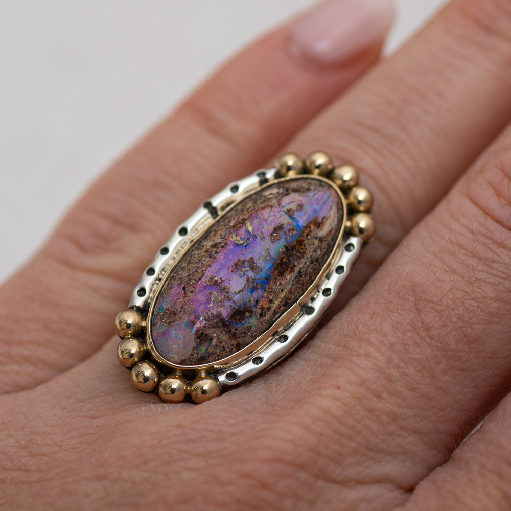 Wanderer Ring (B) ◇ Australian Opal ◇ Size 7.5 ◇ Silver + 14k Gold