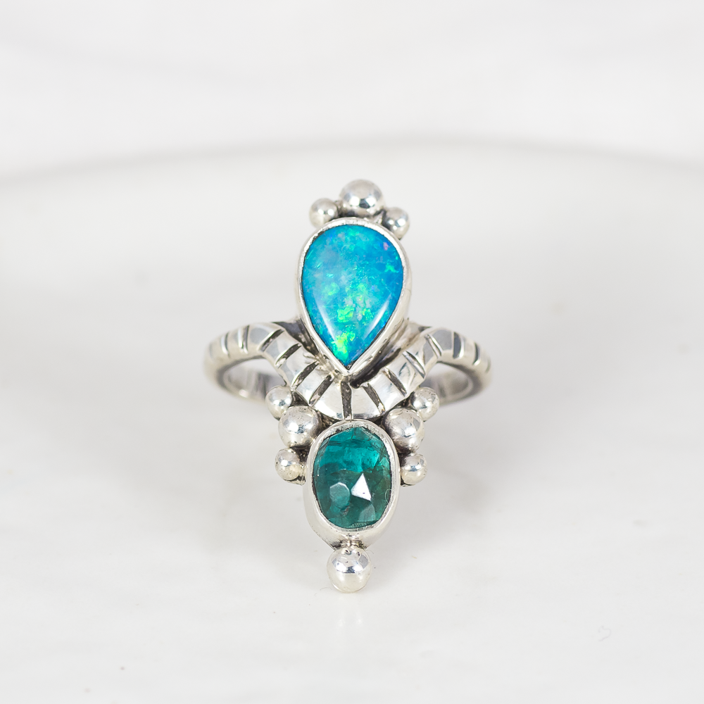 Kindred Embrace Ring (A) ◇ Australian Opal + Faceted Blue Apatite ◇ Size 6