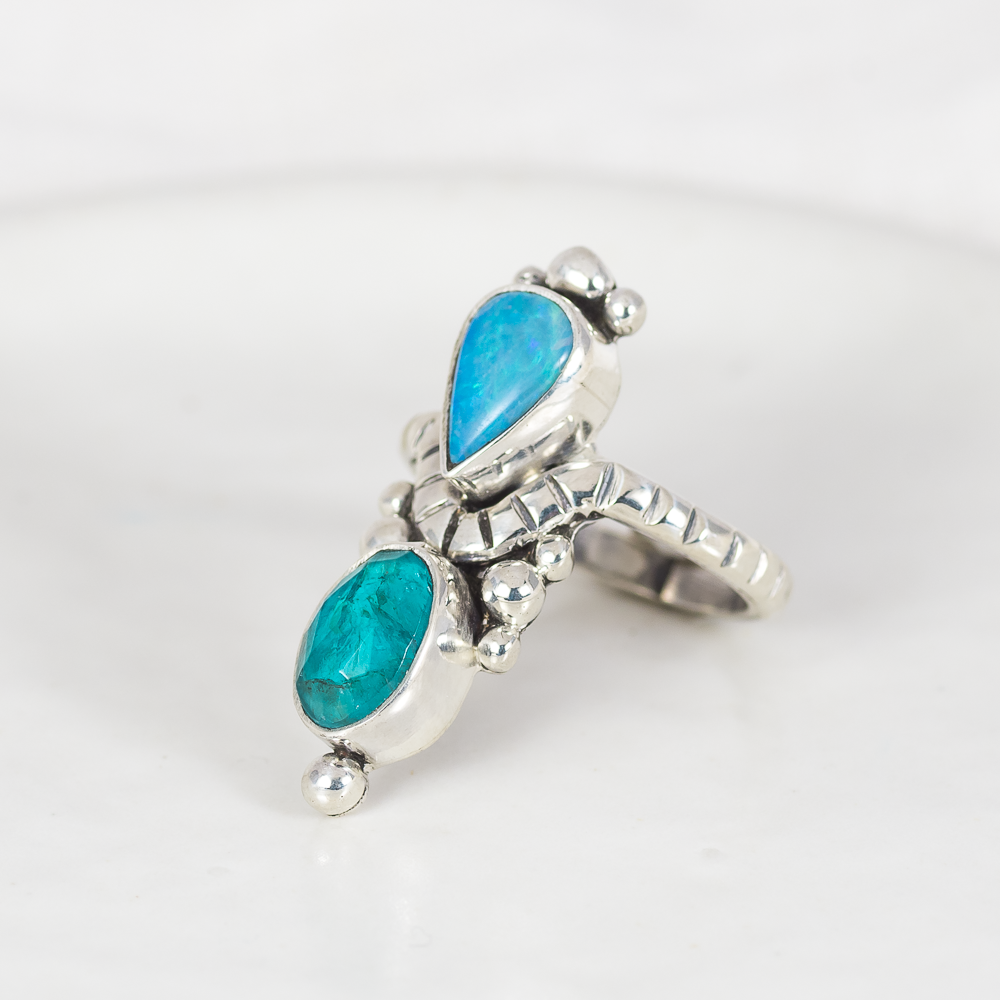 Kindred Embrace Ring (B) ◇ Australian Opal + Faceted Blue Apatite ◇ Size 6.5