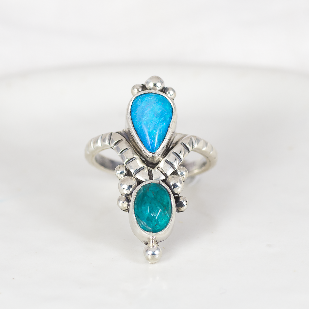 Kindred Embrace Ring (C) ◇ Australian Opal + Faceted Blue Apatite ◇ Size 7