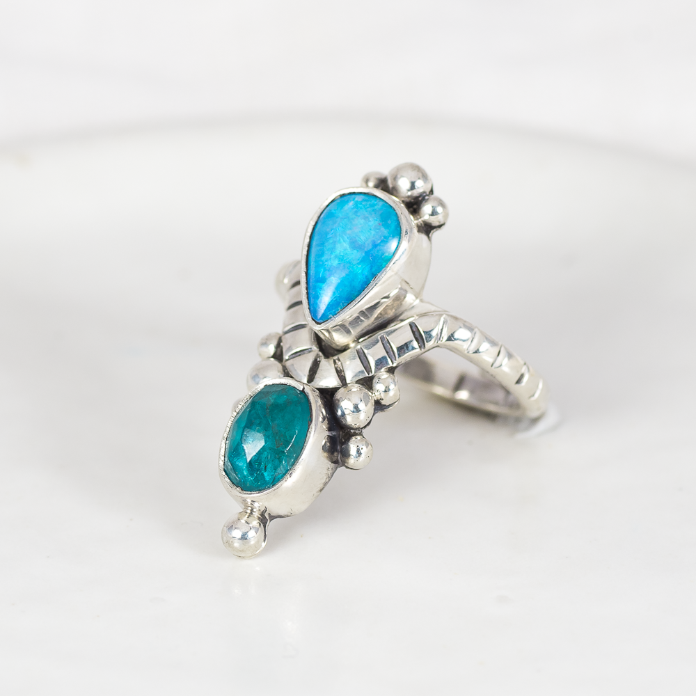 Kindred Embrace Ring (C) ◇ Australian Opal + Faceted Blue Apatite ◇ Size 7
