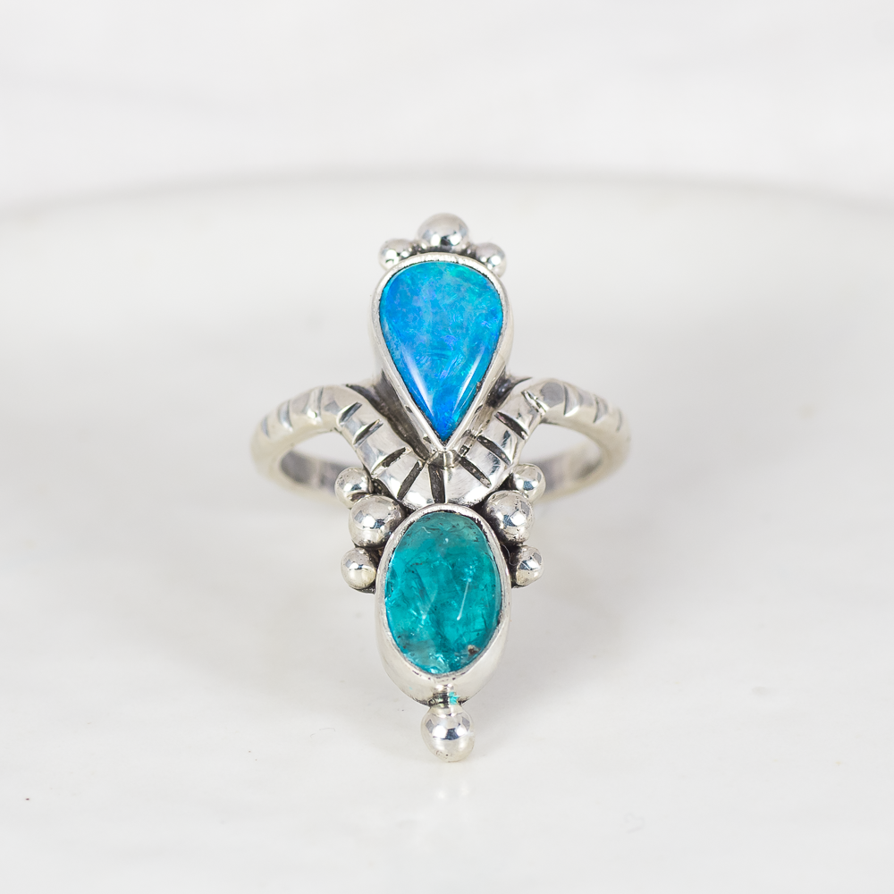 Kindred Embrace Ring (D) ◇ Australian Opal + Faceted Blue Apatite ◇ Size 7