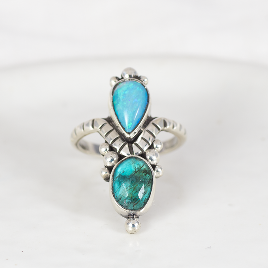 Kindred Embrace Ring (E) ◇ Australian Opal + Faceted Blue Apatite ◇ Size 7.5