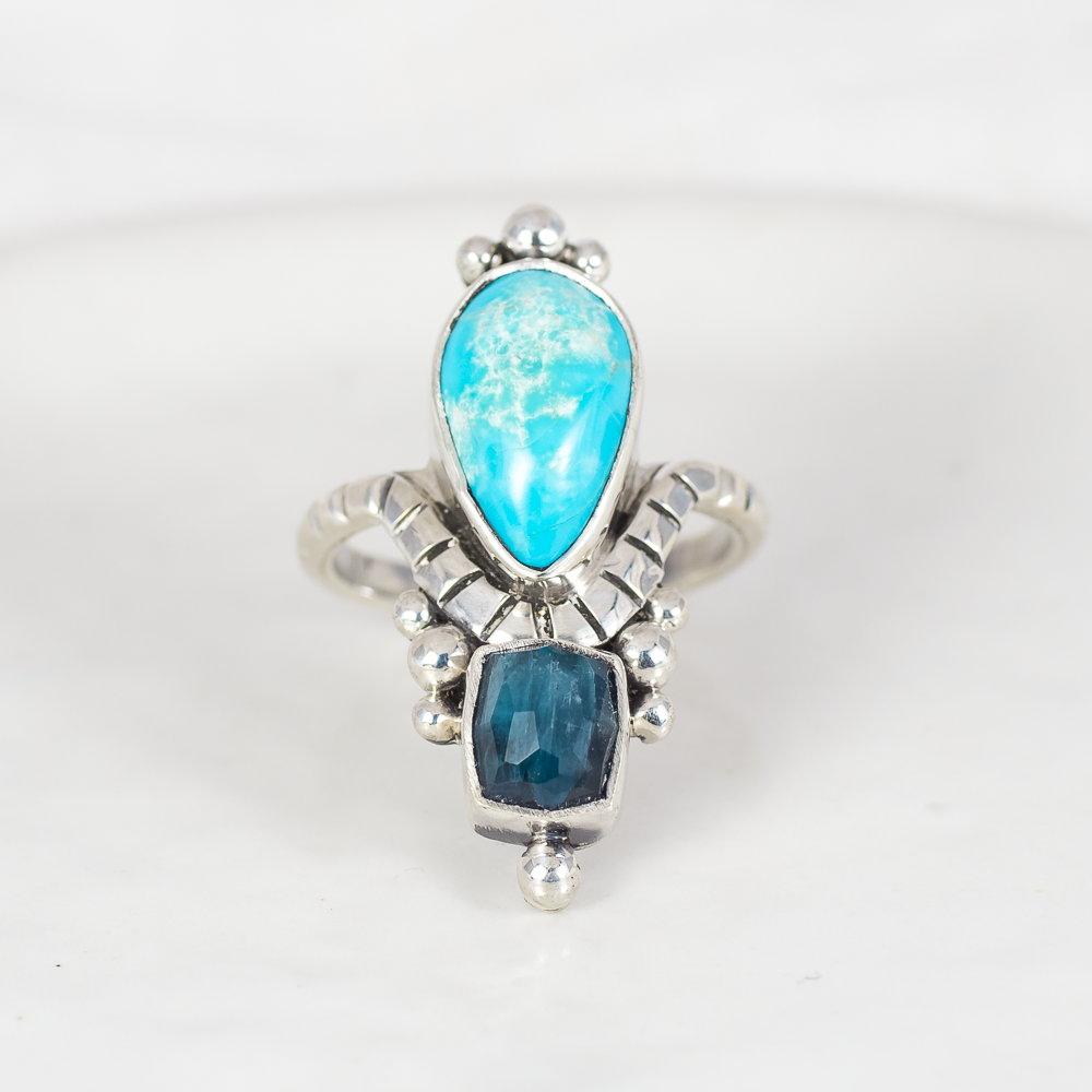 Kindred Embrace Ring (F) ◇ Nevada Turquoise + Faceted Tourmaline ◇ Size 7.5