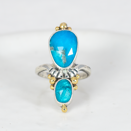 Kindred Embrace Ring (A) ◇ Faceted Turquoise + Faceted Blue Apatite ◇ Size 6.5