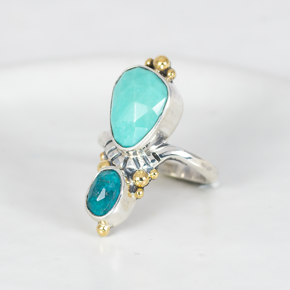 Kindred Embrace Ring (B) ◇ Faceted Turquoise + Faceted Blue Apatite ◇ Size 7