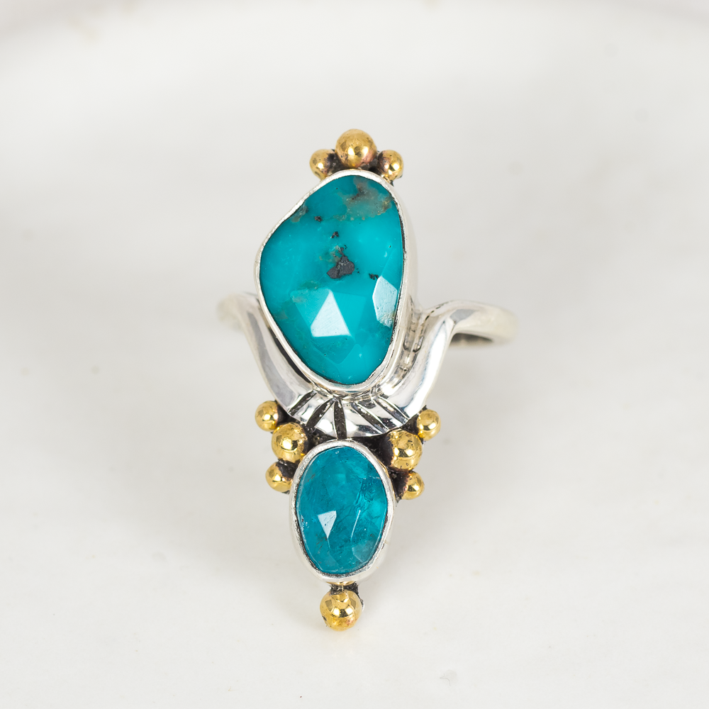 Kindred Embrace Ring (D) ◇ Faceted Turquoise + Faceted Blue Apatite ◇ Size 7.5