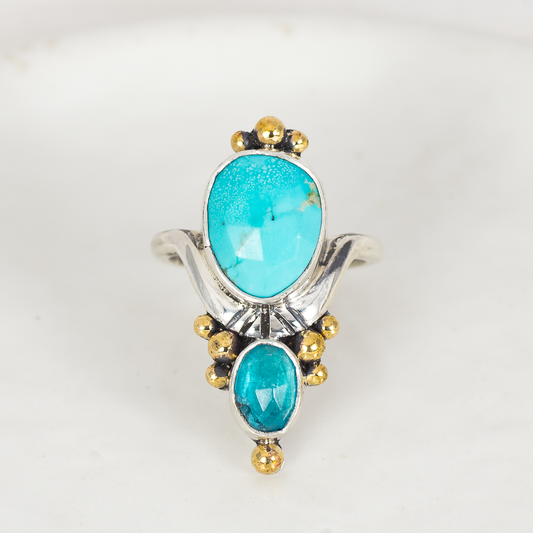 Kindred Embrace Ring (E) ◇ Faceted Turquoise + Faceted Blue Apatite ◇ Size 7.5 SECONDS