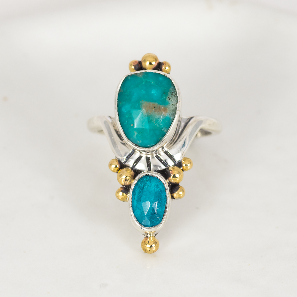 Kindred Embrace Ring (F) ◇ Faceted Turquoise + Faceted Blue Apatite ◇ Size 8