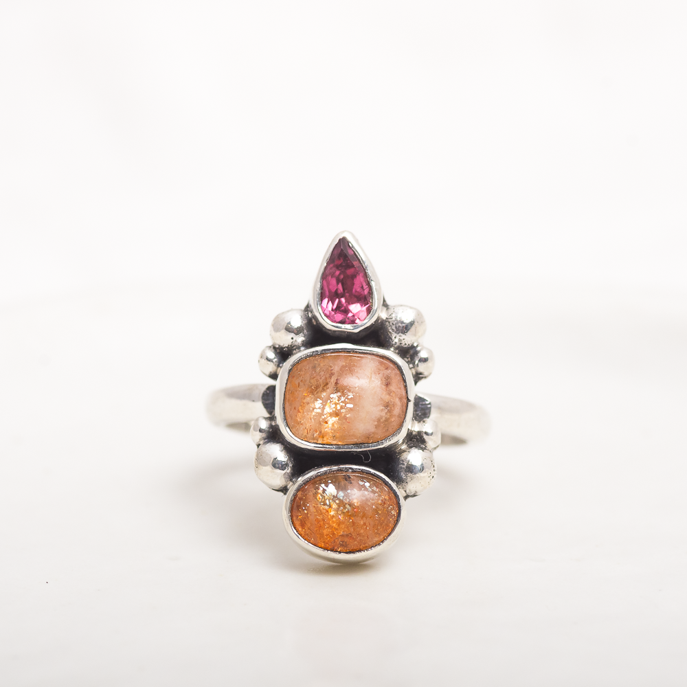 Petite Triad Ring (A) ◇ Faceted Pink Tourmaline + Oregon Sunstone ◇ Size 5
