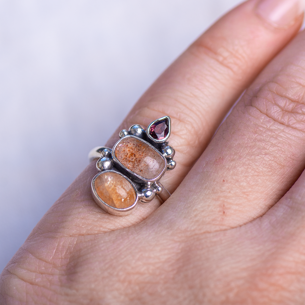 Petite Triad Ring (B) ◇ Faceted Pink Tourmaline + Oregon Sunstone ◇ Size 5.5