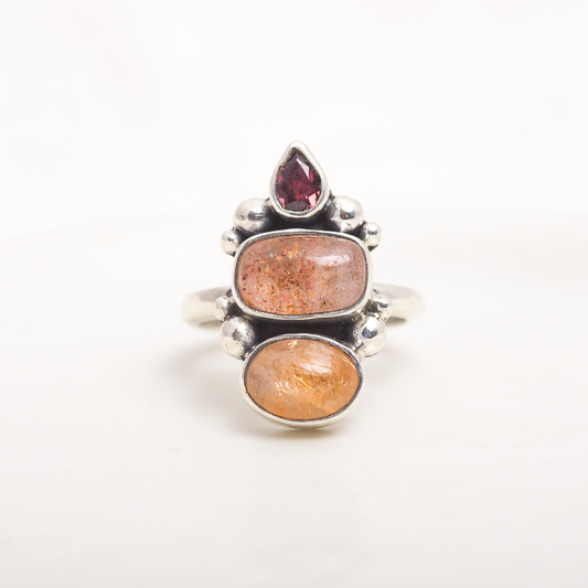 Petite Triad Ring (B) ◇ Faceted Pink Tourmaline + Oregon Sunstone ◇ Size 5.5