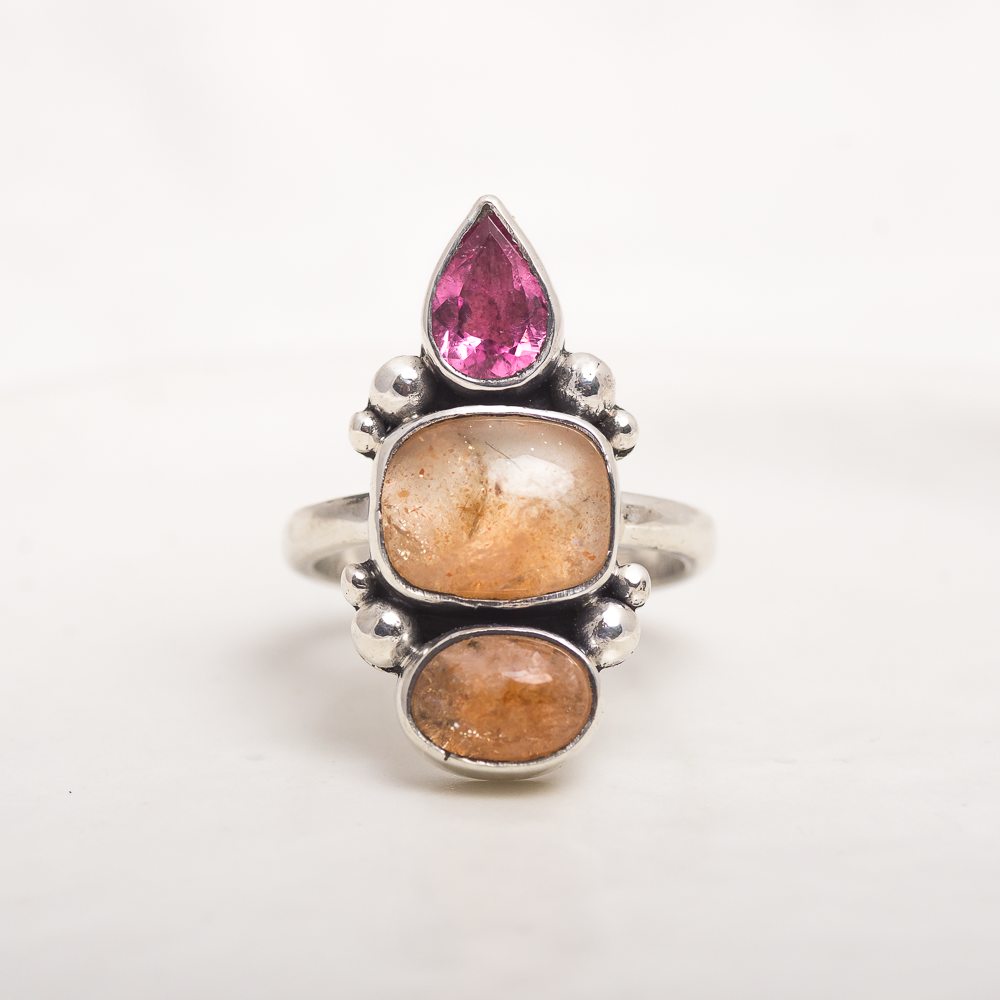 Petite Triad Ring (C) ◇ Faceted Pink Tourmaline + Oregon Sunstone ◇ Size 6