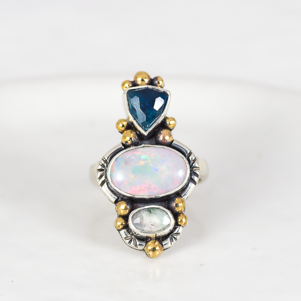 Trine Ring (A) ◇ Faceted Tourmaline + Australian Opal + Faceted Tourmaline ◇ Size 6