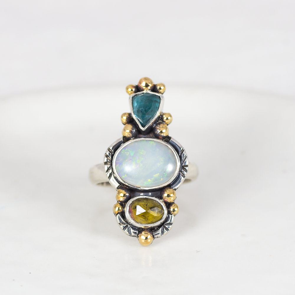 Trine Ring (B) ◇ Faceted Tourmaline + Australian Opal + Faceted Tourmaline ◇ Size 6.5