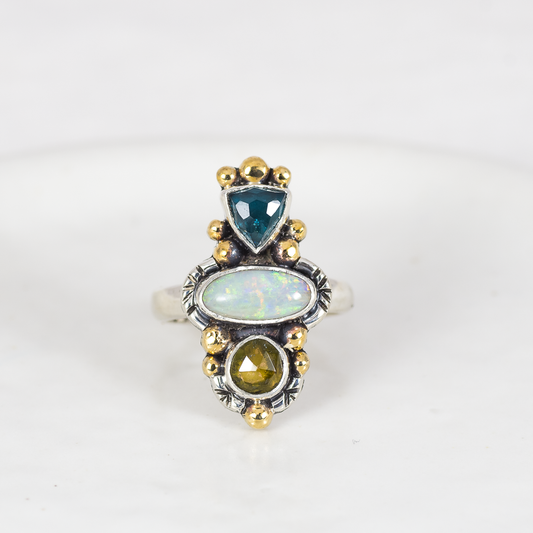 Trine Ring (C) ◇ Faceted Tourmaline + Australian Opal + Faceted Tourmaline ◇ Size 7