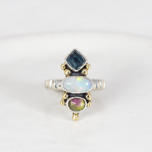 Triad Ring (A) ◇ Faceted Tourmaline + Australian Opal + Faceted Tourmaline ◇ Size 6 (Silver + 14k Gold)