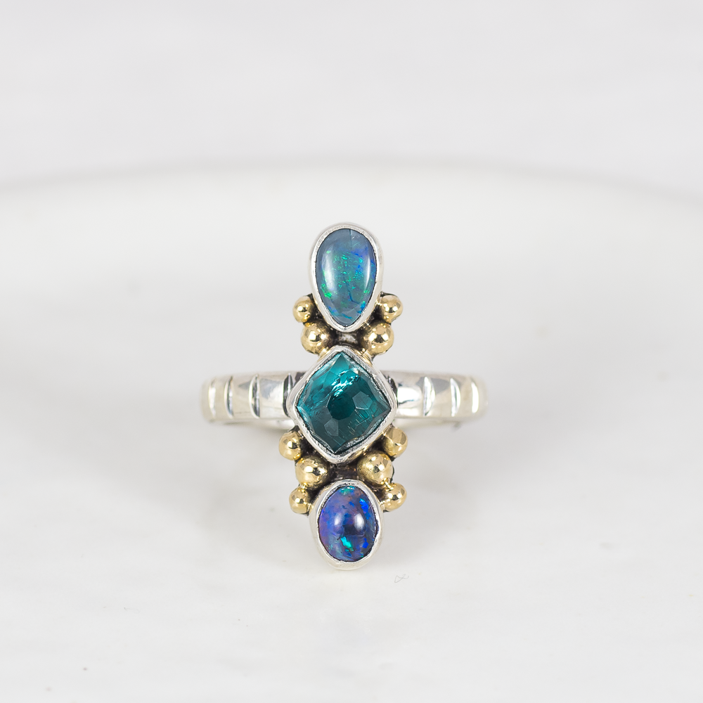 Triad Ring (B) ◇ Australian Opal + Faceted Tourmaline + Australian Opal ◇ Size 6.5 (Silver + 14k Gold)