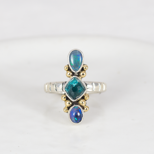 Triad Ring (B) ◇ Australian Opal + Faceted Tourmaline + Australian Opal ◇ Size 6.5 (Silver + 14k Gold)