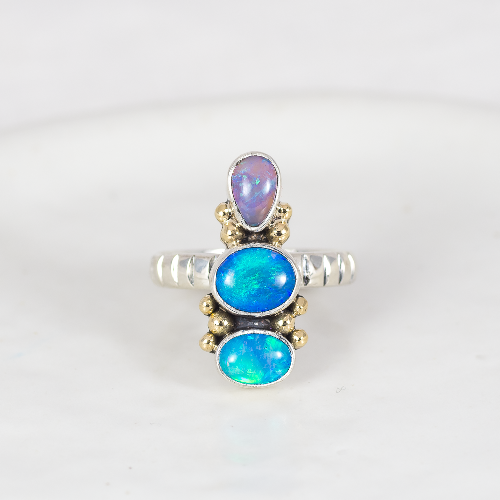 Triad Ring (C) ◇ Australian Opal ◇ Size 7 (Silver + 14k Gold)