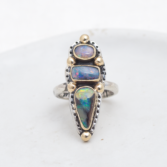 Realms Ring (B) ◇ Australian Opal ◇ Size 6 ◇ Silver + 14k Gold