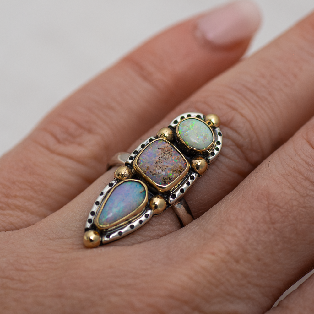 Realms Ring (C) ◇ Australian Opal ◇ Size 6.5 ◇ Silver + 14k Gold