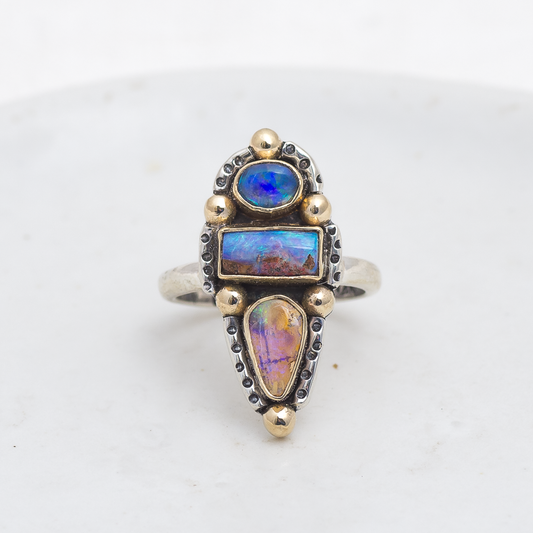 Realms Ring (D) ◇ Australian Opal ◇ Size 7 ◇ Silver + 14k Gold