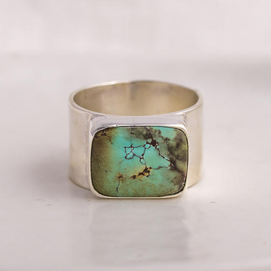 Turquoise Hammered Wide Band Ring ◇ Hubei Turquoise ◇ Size 7.5