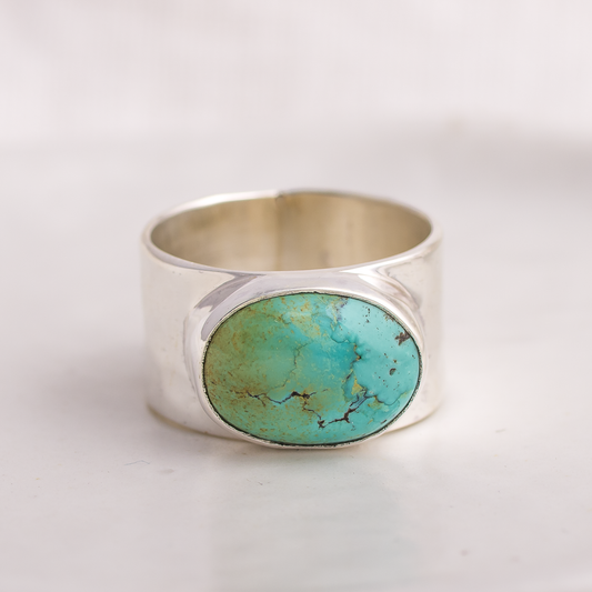 Turquoise Hammered Wide Band Ring ◇ Hubei Turquoise ◇ Size 8