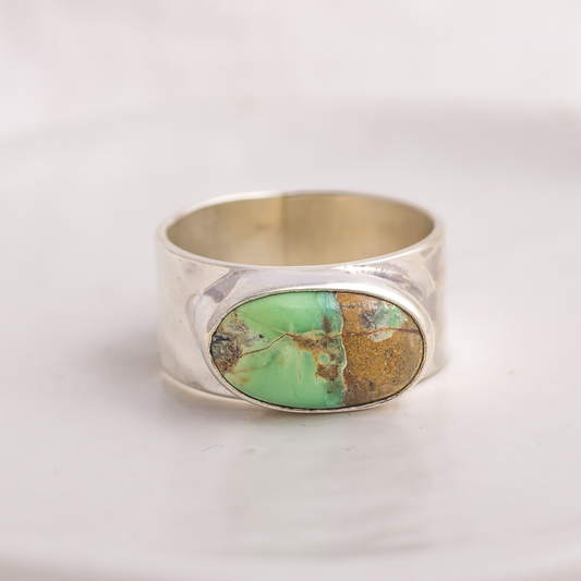 Variscite Hammered Wide Band Ring ◇ Australian Green Variscite ◇ Size 8.5