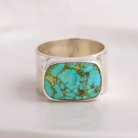 Turquoise Hammered Wide Band Ring ◇ Hubei Turquoise ◇ Size 9