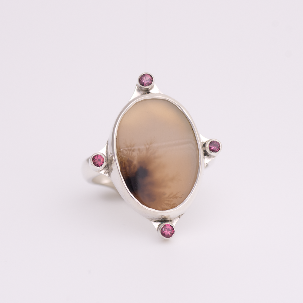 Meridian Ring ◇ Dendritic Agate + Berry Sapphire ◇ Size 7.5