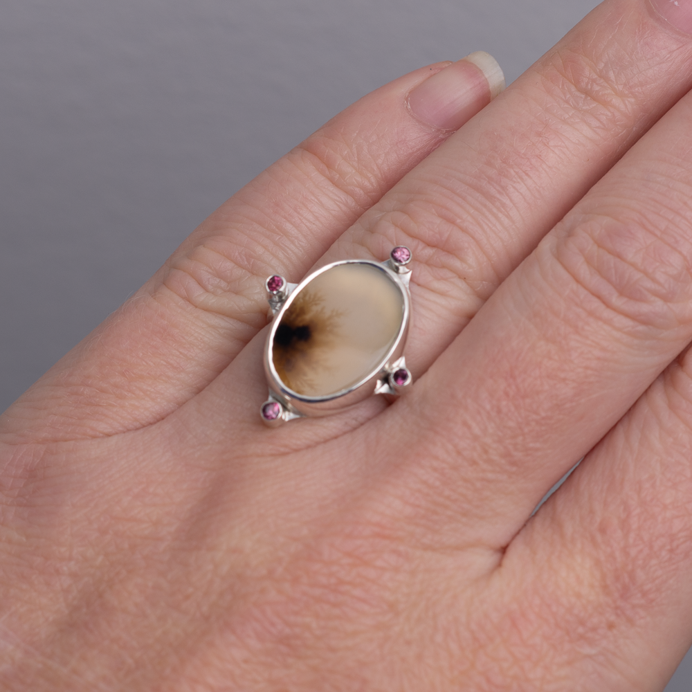 Meridian Ring ◇ Dendritic Agate + Berry Sapphire ◇ Size 7.5