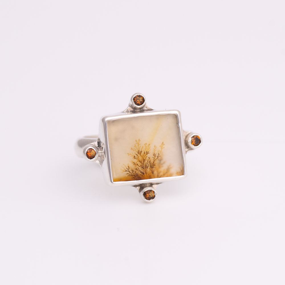 Meridian Ring ◇ Dendritic Agate + Citrine ◇ Size 6.5