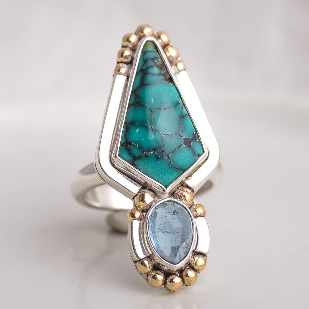 Inner Vision Ring ◇ Hubei Turquoise + Rose Cut Aquamarine ◇ Size 7.5