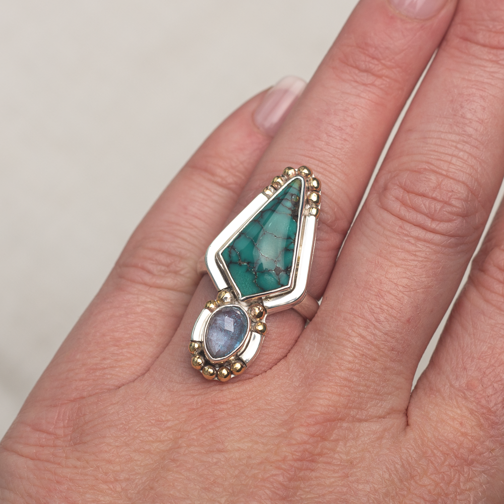Inner Vision Ring ◇ Hubei Turquoise + Rose Cut Aquamarine ◇ Size 7.5