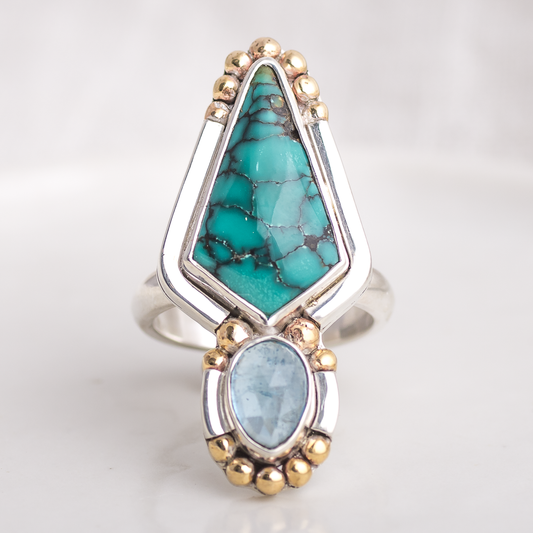 Inner Vision Ring ◇ Hubei Turquoise + Rose Cut Aquamarine ◇ Size 7.5