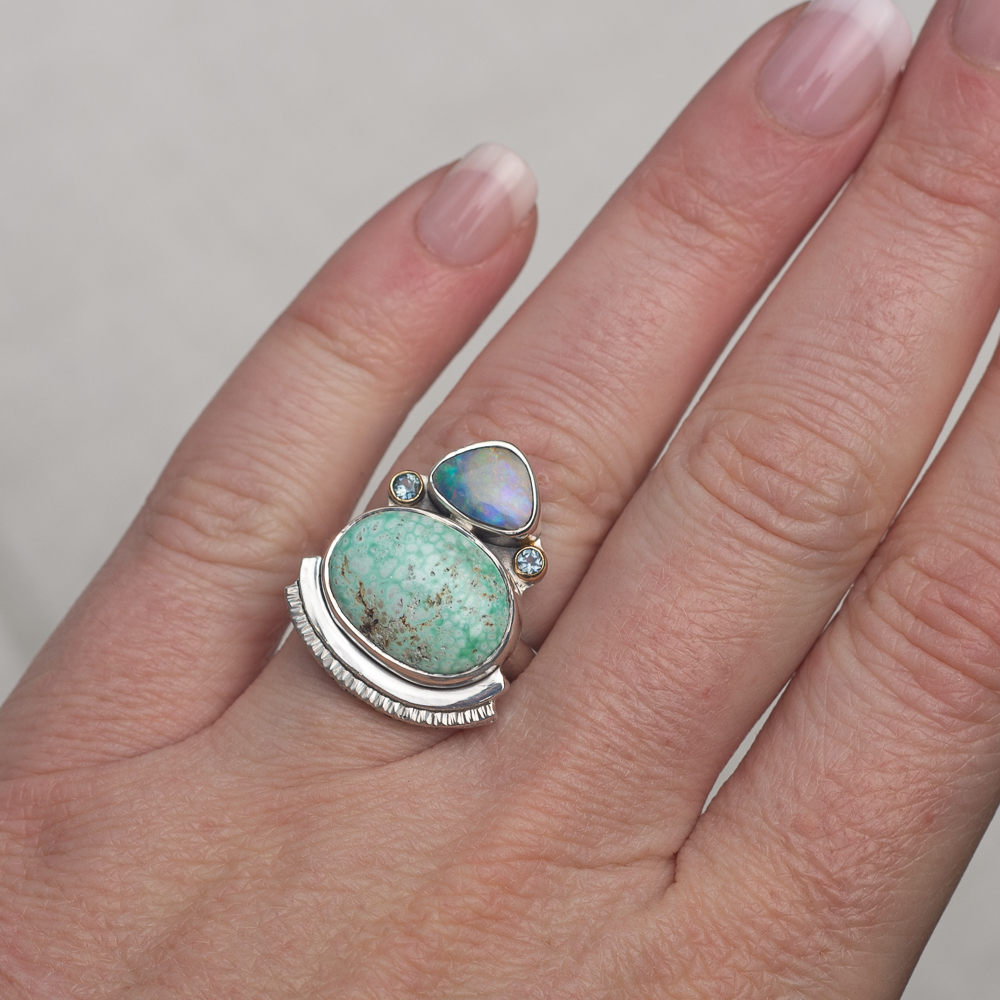Encompass Ring ◇ Australian Opal + Hubei Turquoise + Montana Sapphires in 18K Gold ◇ Made in your size